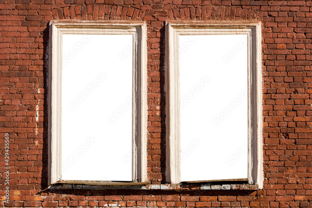 Poster two windows on a red brick wall. isolated on a white background