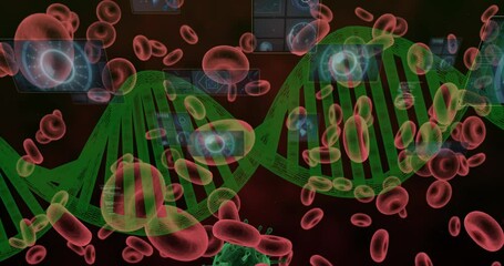 Animation of red blood cells, dna strand spinning, scopes and data processing on screens - Powered by Adobe