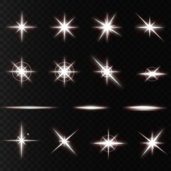 Shining stars isolated on a transparent white background. Effects, glare, radiance, explosion, white light, set. The shining of stars, beautiful sun glare. Vector illustration.
