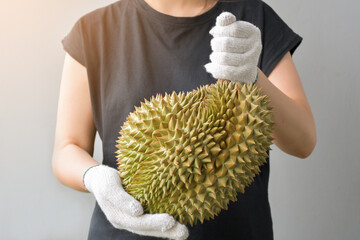 Young Asian gardeners holding a large durian fruit from the garden ready to be delivered to their customers.