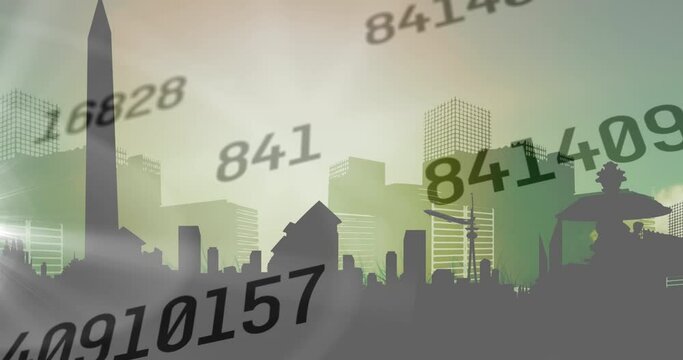 Animation of numbers processing over airplane taking off and cityscape on green background