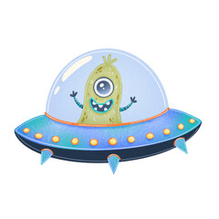 Illustration of a cute cartoon alien in spaceship. Cute monster isolated on white background. UFO.