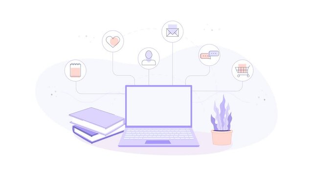 Social icons and laptop on white background. vector illustration animation 