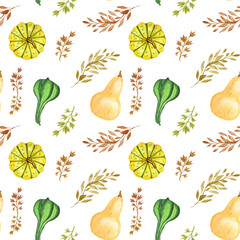 Watercolor autumn pumpkin pattern with autumn leaves. Pattern with branches and leaves. Pattern with green zucchini and yellow pumpkins.