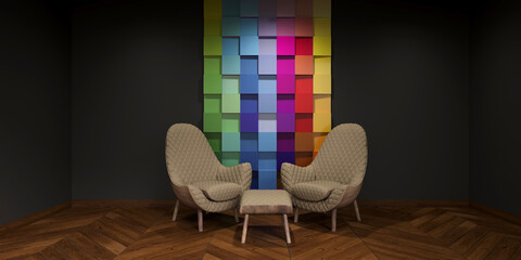 interior design with chairs & table color cube backdrop 
