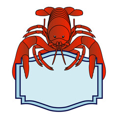 illustration vectorielle d’un homard tenant dans ses pinces une étiquette vierge pour placer un logo et décorer un packaging ou pour une enseigne de poissonnerie.