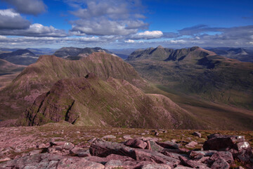view of the Torridon mountains and landscape from Beinn Alligin, northwest Scotland, uk.