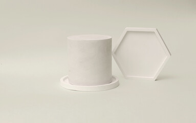 Podium in yellow color with geometric shapes. Stage with concrete, plaster geometric geometric shapes.