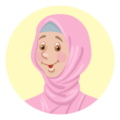 Avatar icon of a young beautiful islamic girl in hijab. In the yellow circle. In cartoon style. Isolated on white background. Vector flat illustration
