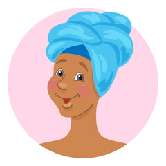 Avatar icon of a young beautiful african girl in a turban. In the pink circle. In cartoon style. Isolated on white background. Vector flat illustration