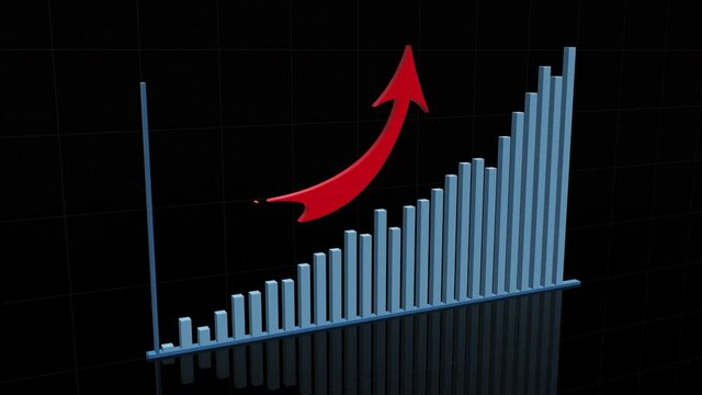 Animation of ascending blue histogram chart with uparrow, Statistics, Data, quotes, Rising chart. Camera flyby
