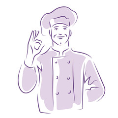 Chef cook line drawing. Simple outline illustration for restaurant, cuisine, recipes. Isolated on white.