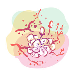 A branch with flowers. Sketchy art on a background of colored spots. Drawing in Japanese style.