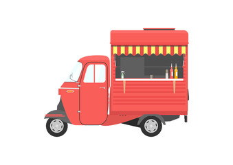 Small three wheeled food truck. Red vintage auto rickshaw. Side view. Flat vector.