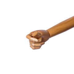 Wooden hand of mannequin with elegant hand gesture isolated on white background.