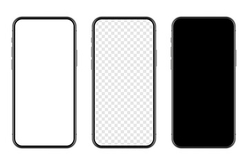 Realistic smartphone with blank touch screen isolated on white background. Frameless mobile phone in front view. High quality detailed device mockup. Vector illustration.