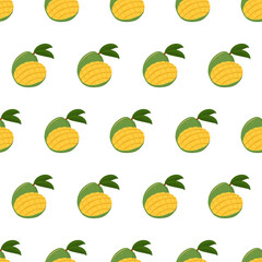 Hand drawn seamless pattern with half and whole mango with leaf fruit for wallpaper design. Vector isolated illustration.