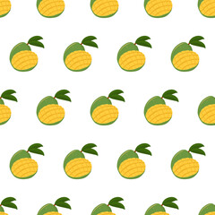 Hand drawn seamless pattern with half and whole mango with leaf fruit for wallpaper design. Vector isolated illustration.