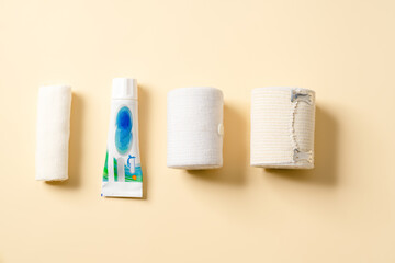 Overhead view of a wound dressing kit lying in the studio