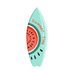 Vector hand drawn surfboard with print of watermelon and text summer time. Vector illustration for icon, logo, print, icon, card, cover, bags, case, invitation, emblem, label