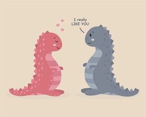 Blue and pink dinosaurs in love