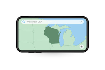 Searching map of Wisconsin in Smartphone map application. Map of Wisconsin in Cell Phone.