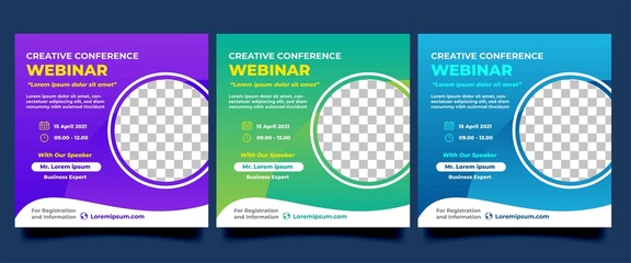 Set of Webinar social media template. Modern banner design with purple, green, and blue color. Vector design with place for the photo. Usable for social media post, flyers, banners, and websites.