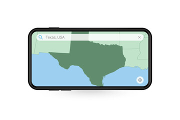 Searching map of Texas in Smartphone map application. Map of Texas in Cell Phone.