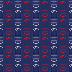 Vector seamless pattern with red and white pills, tablets, capsules, isolated on blue background. Medical preparations. Linear style design. Color illustration.