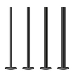 Realistic metal poles collection isolated on white background. Glossy black steel pipes of various diameters. Billboard or advertising banner mount, holder. Vector illustration.
