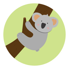 Koala hanging from a tree in a green circle