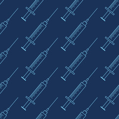 Seamless pattern of medical syringes, isolated on blue background. Linear style. Outline. Diagonal arrangement. Color illustration.