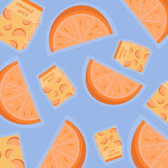 Pattern on a blue background with oranges and juices