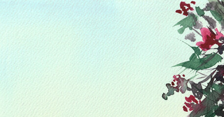 Watercolor light background. Flowers and leaves on the right side. Handmade on paper