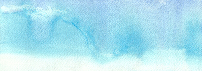 Handmade watercolor background on paper. Blue sky, clouds, abstract