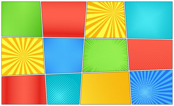 Pop art background. Comic pattern with starburst and halftone. Set banners with dots and beams. Cartoon retro sunburst effect. Vintage sunshine texture. Vector illustration. Funny superhero prints