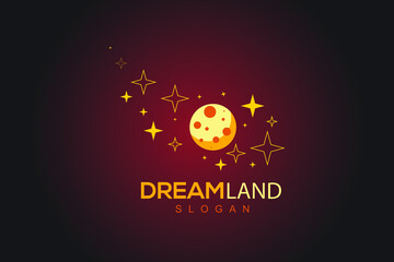 vector logo night sky stars with moon wonder dream logo design illustration template. moon with stars In red gradient background with shinning glossy. Flat Modern minimalist professional premium logo