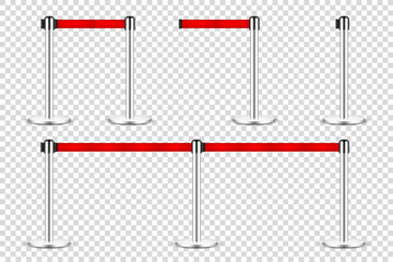Realistic retractable belt stanchion on transparent background. Crowd control barrier posts with caution strap. Queue lines. Restriction border and danger tape. Vector illustration.