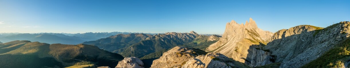 Fototapeta na wymiar Panorama of Seceda peaks. Trentino Alto Adige, Dolomites Alps, South Tyrol, Italy
