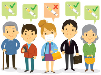 Vaccination concept. Vaccinated people and one not vaccinated person. Woman worried about not getting the vaccine.