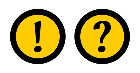 Warning and Info Flat Round Icon Set with Exclamation Mark and Question Mark Symbol. Vector Image.