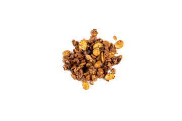 Obraz premium Organic homemade roasted granola cereal pile with oats, flax, almonds, chocolate isolated on white background. Top view muesli