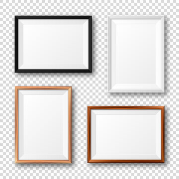 Realistic black, white and wooden picture frames with shadow on checkered background. Blank poster mockup. Empty photo frame. Vector illustration.