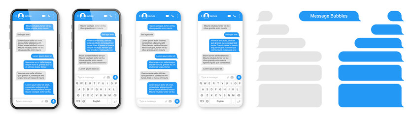 Realistic smartphone with messaging app. Blank SMS text frame. Messenger chat screen with blue message bubbles. Social media application. Vector illustration.