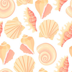 Seashells seamless pattern. Summer vacation marine background. Underwater texture hand drawn vector illustration for invitations, greeting cards, posters, prints, banners, flyers