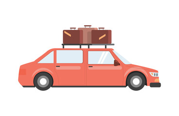 Red car with luggage on the roof vector flat illustration isolated on white background. Vehicle to travel around the world. Rent automobile for summer vacation, journey, holidays. Machine for tourism.