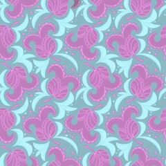 Seamless pattern. Decorative lilac flowers with leaves on a light background