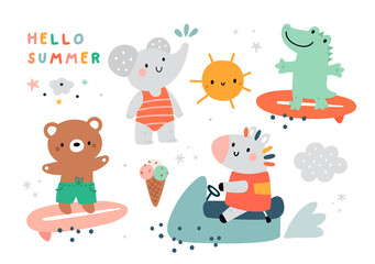 Summer collection with cute cartoon baby animals on the beach. Bear, elephant, crocodile, zebra vector illustration isolated on white background. Tropical animals party. Travel animal vacation