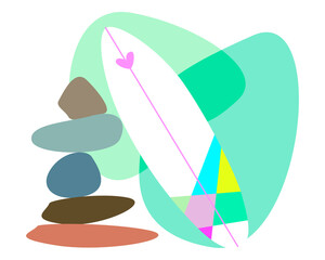 Surfboard drawn with abstract stones and shapes vector design EPS10