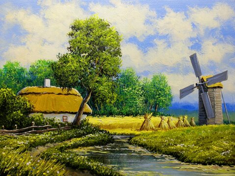 Oil paintings rural landscape, village in Ukraine, old windmill in the field. Fine art.
